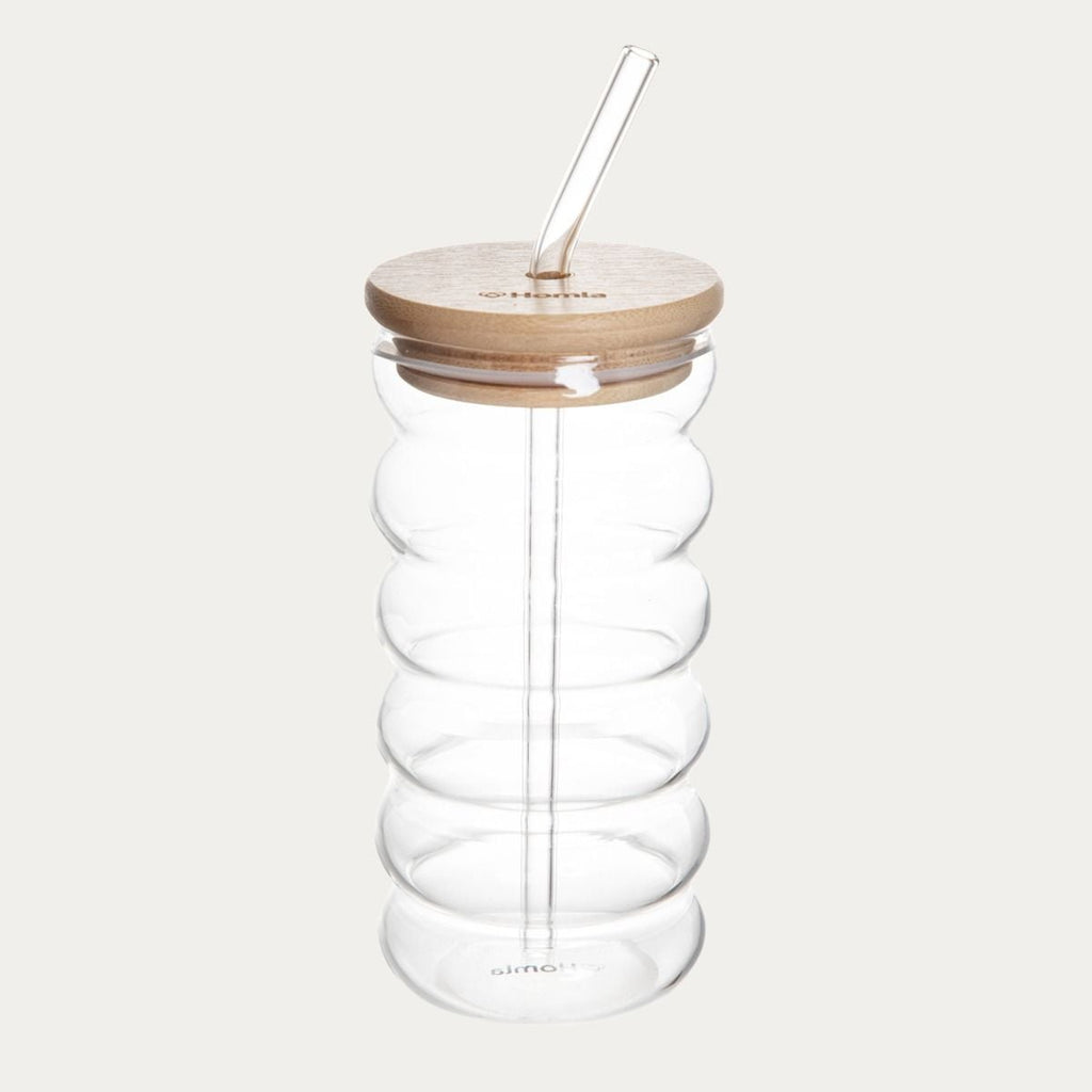 Szklanka BUBBLY SUMMER z bambusową pokrywką i szklaną słomką 0,45 l
