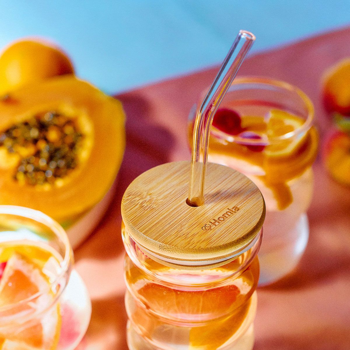 Szklanka BUBBLY SUMMER z bambusową pokrywką i szklaną słomką 0,45 l