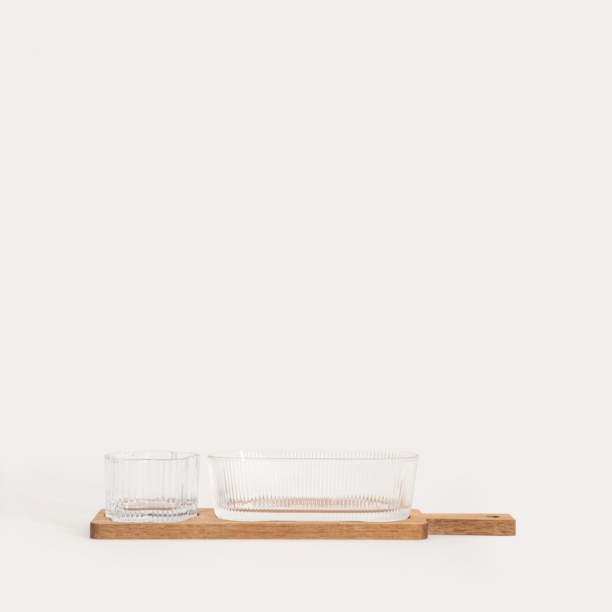 Zestaw do serwowania GIBARA na akacjowej podstawce ze szklanymi miseczkami, 33x8,5x6,5cm 3 el.