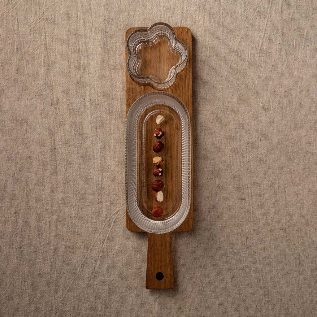 Zestaw do serwowania GIBARA na akacjowej podstawce ze szklanymi miseczkami, 33x8,5x6,5cm 3 el.